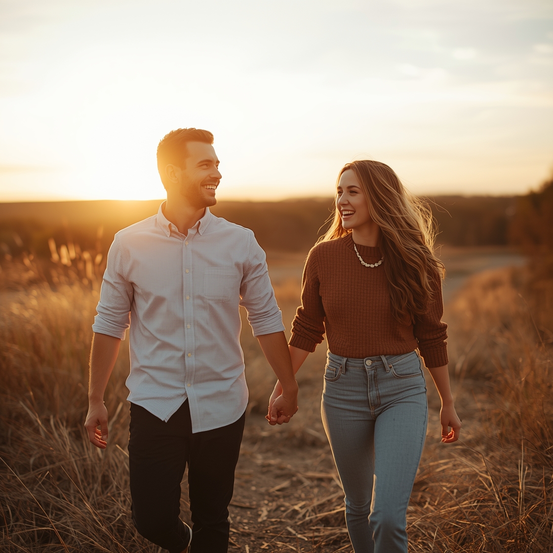 Happy couple holding hands and sharing playful romance outdoors