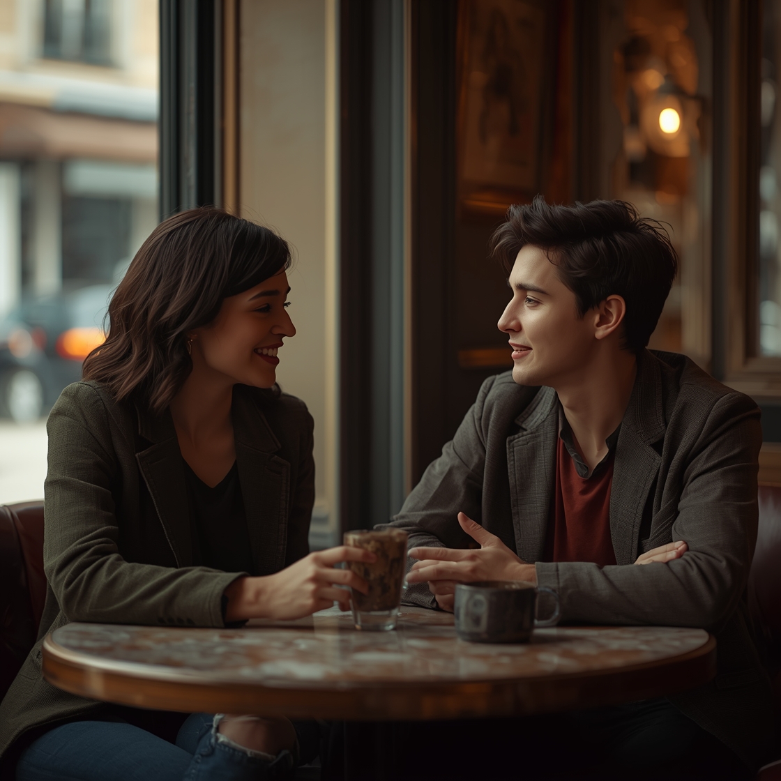 Two adults sharing attentive conversation in a public cafe