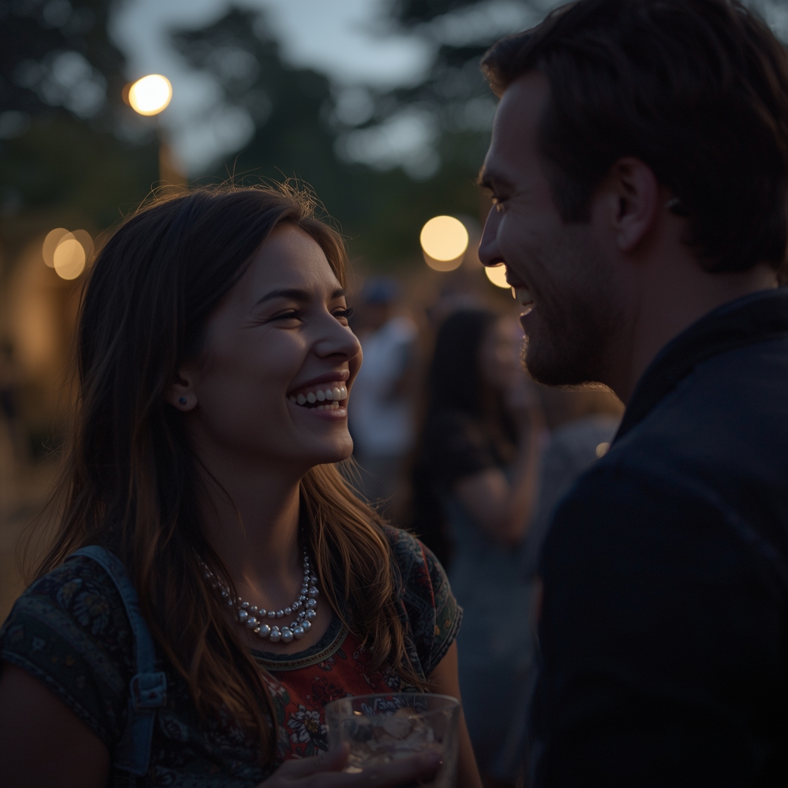 Two adults laughing together at a social gathering