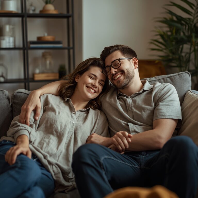 Happy adult couple sharing relaxed emotional closeness at home