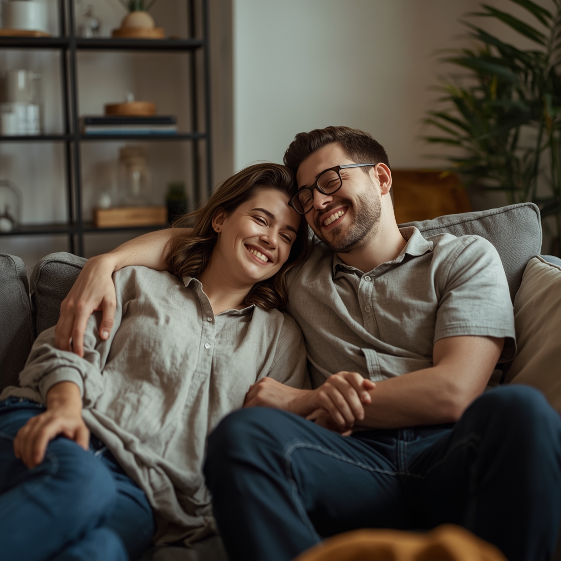 Happy adult couple sharing relaxed emotional closeness at home