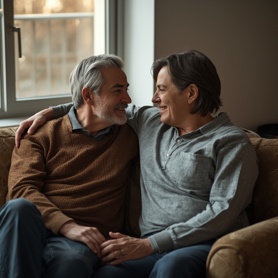 Adult couple communicating openly and warmly about intimacy