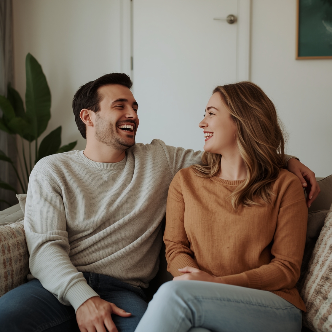 Happy adult couple laughing playfully together at home